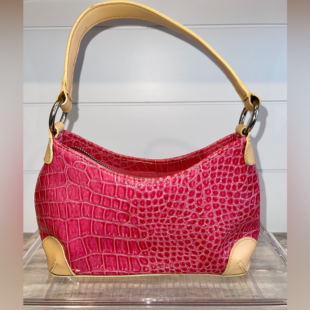 BCBGirls Hot Pink Faux Crocodile With Tan Leather Accent Purse